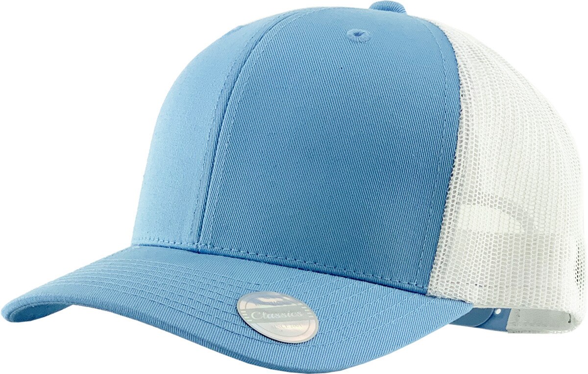 Sky Blue White Two Tone Classic 6 Panel Trucker Mesh Snapback Front Side View